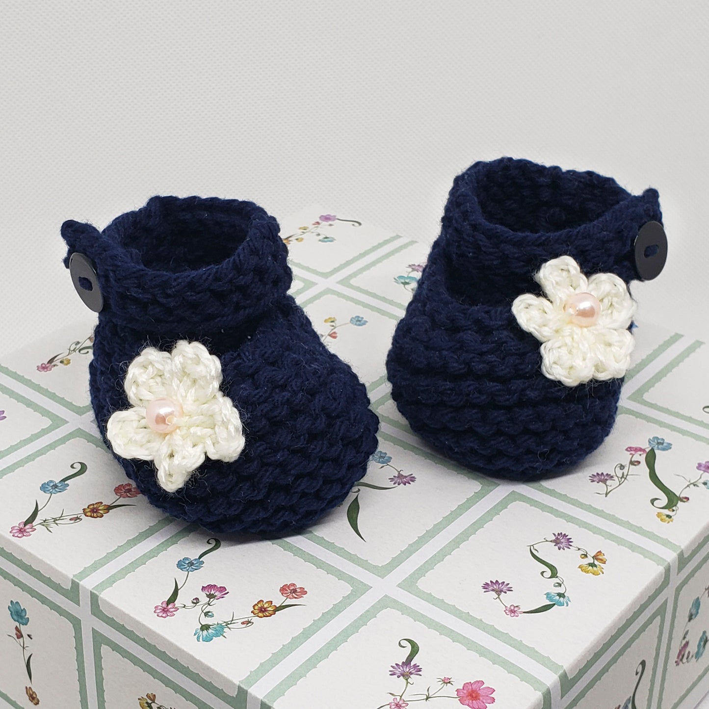 Navy Blue Baby Booties with Flower